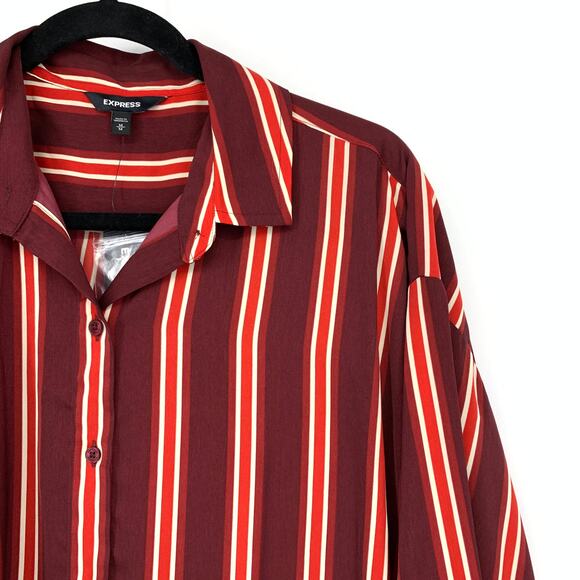 Express Shirt Dress Womens Sz Medium Long Sleeve Button Front Maroon Red Striped - Picture 3 of 7